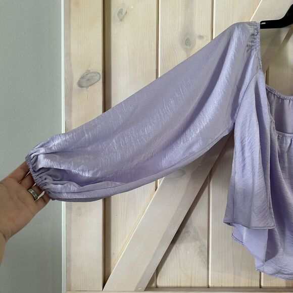 Asos Design Crop Top 12 Purple Off Shoulder Event Puff Sleeve Preppy Festival - Picture 2 of 9